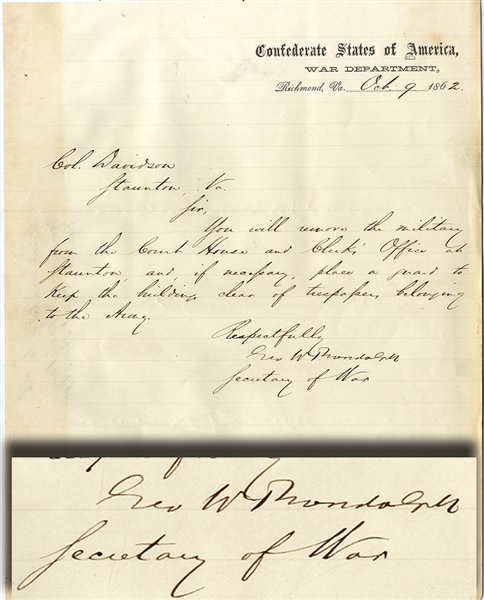 Secretary of War George Wythe Randolph Writes Col. Davidson.  