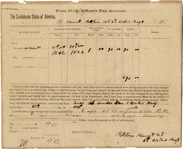 6th Arkansas Document Signed by an Officer in the  Dixie Grays 