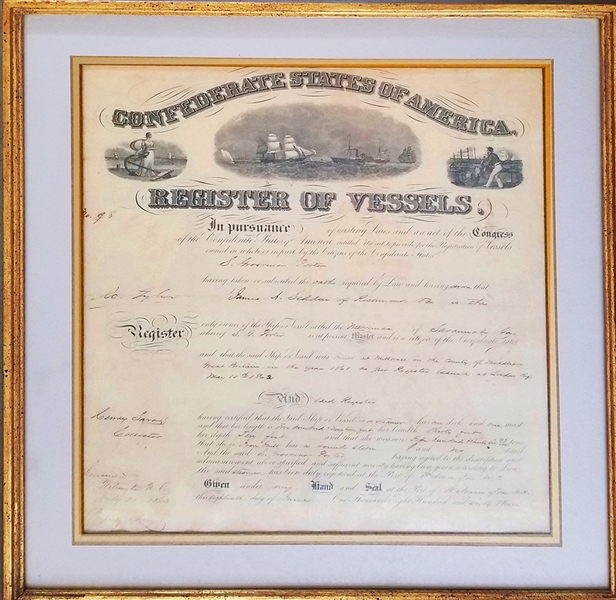 Rare Confederate States of America Vessel Registration for Ship Owned by Secretary of War James Seddon