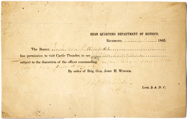 Confederate Pass to Castle Thunder