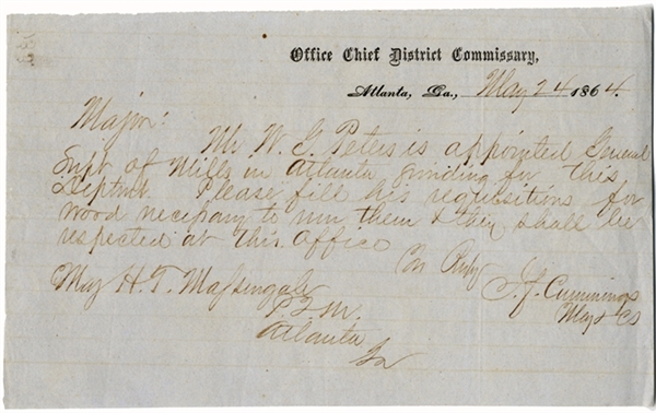 Confederate Letter Pertaining to the Mills in Atlanta