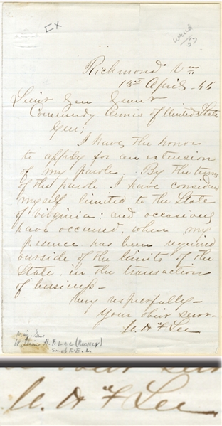 Confederate General Fitzhugh Lee Writes General Grant Requests His Parole