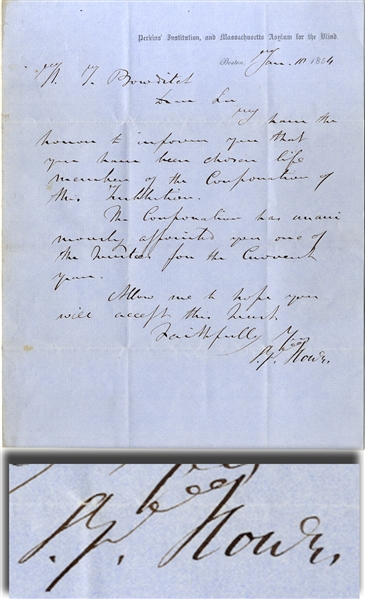 Samuel Howe Informs  Noted Abolitionist Henry Bowditch he is a Lifetime Member of the Perkins’ Institution