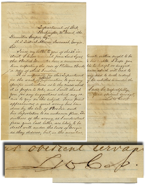 Secretary of State Lewis Cass Writes of a Legal Case Involving William Brodie, a Free Man of Color, Sold into Slavery