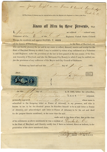 4th USCT Signed Document by “Free Colored Man”