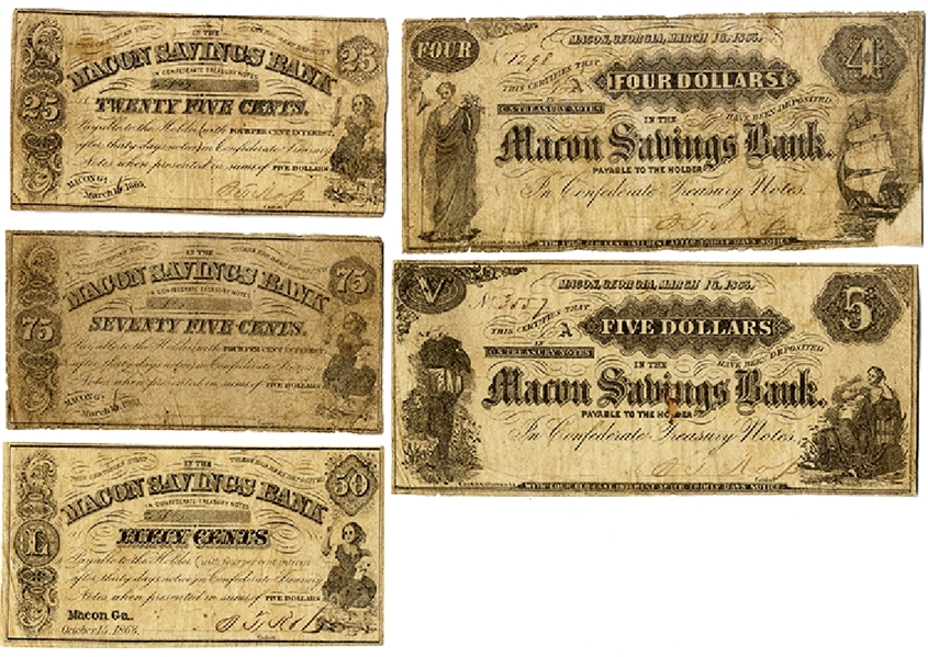 Group of Five Macon Bills Issued By Macon Savings Bank and Backed By CS Treasury Notes