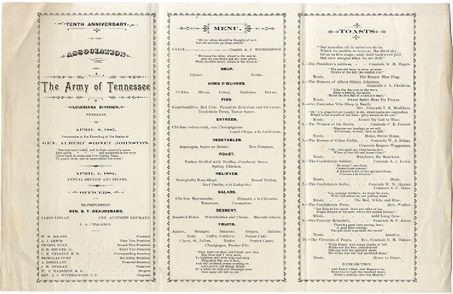Army of Tennessee Dinner Menu for the Unveiling of the General Albert S. Johnston Statue