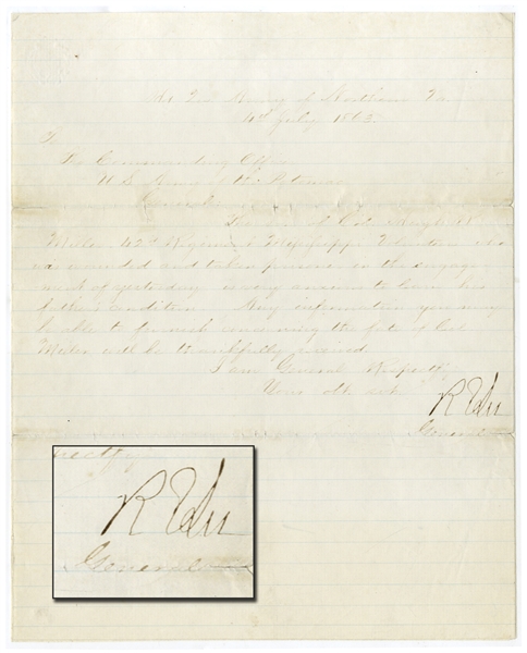 Robert E. Lee Writes Meade in His Only Letter From Gettysburg Known to Be in Private Hands.  He inquires on the condition of a colonel mortally wounded and captured at Pickett's Charge.