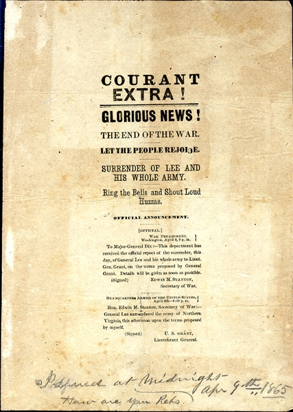 Broadside Issued by the Hartford Courant Announcing the Surrender of the Confederate Army under Gen. Lee