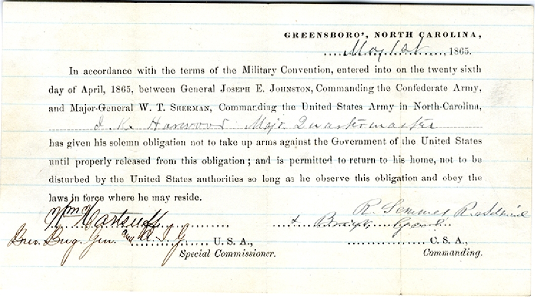 Greensboro Parole Signed by Raphael Semmes as Admiral and Brigadier General