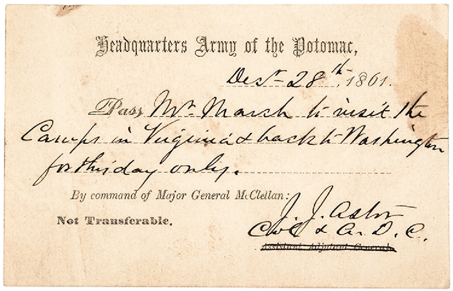 1861 Civil War JOHN JACOB ASTOR Signed Union Army Military Pass Rarity