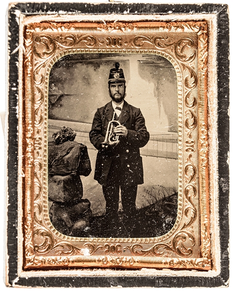 1864 Civil War Dated Uniformed Union Bugler with Shako Tintype Photo Identified