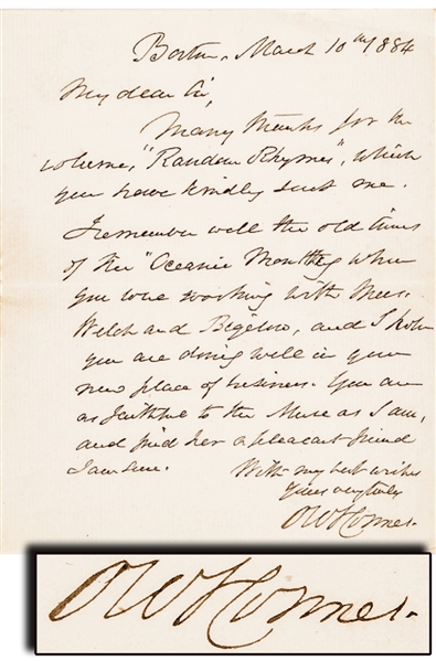 1884 OLIVER WENDELL HOLMES SR. Autograph Letter Signed with Envelope