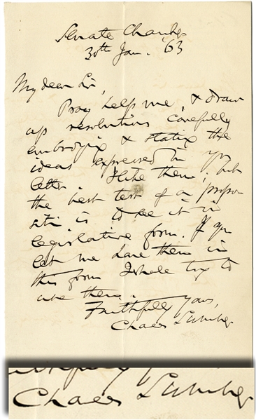 Charles Sumner Letter Written the Month of the Emancipation Proclamation Changed the Legal Status of Slaves