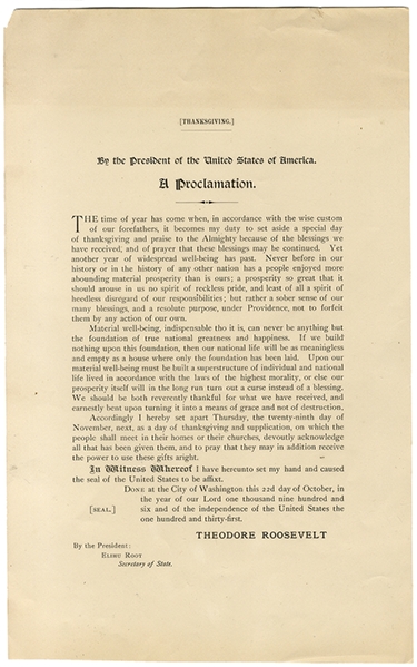 Official Printed Thanksgiving Proclamation Issued by President Roosevelt