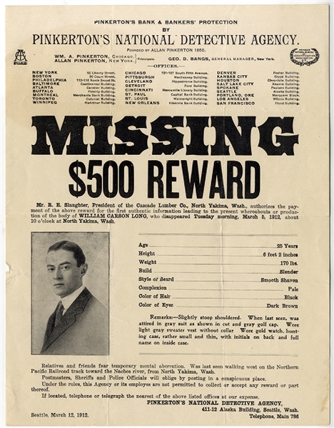 Pinkerton Detective Agency Reward Poster