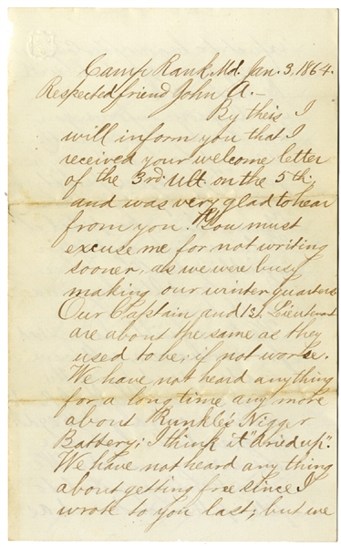 3rd Pennsylvania Artillery Letter re Runkle's Nxxxxr Battery 