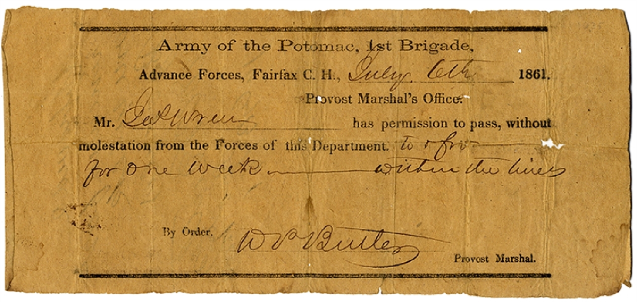 Very Rare Confederate Army of the Potomac Fairfax Court House Pass 