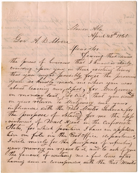 An Early Confederate Post Master's Application Letter 
