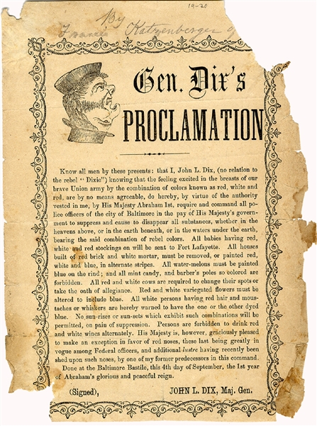 Anti-Lincoln & General Dix Proclamation Broadside