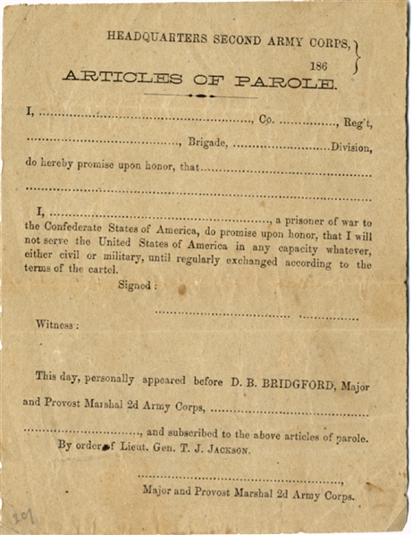 Parole Form by Order of Stonewall Jackson