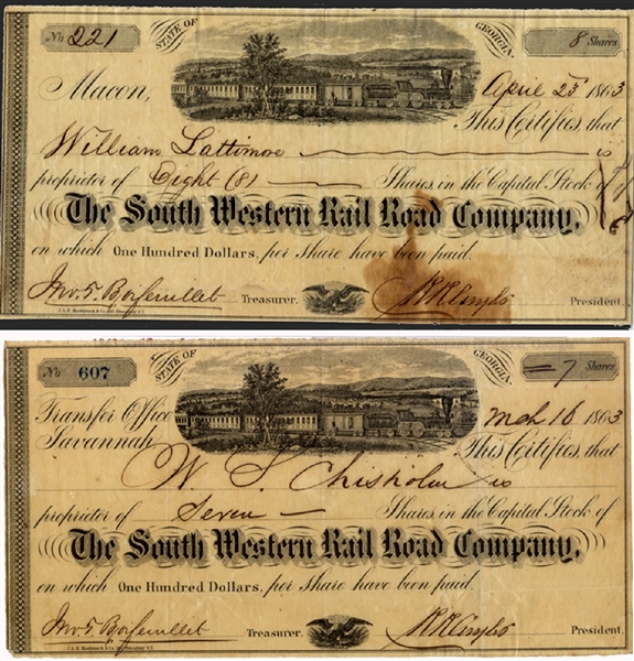 Rare Confederate Railroad Stock Certificate 