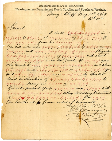 General Beauregard Signed Cipher-Written Telegram, Ordering an Attack