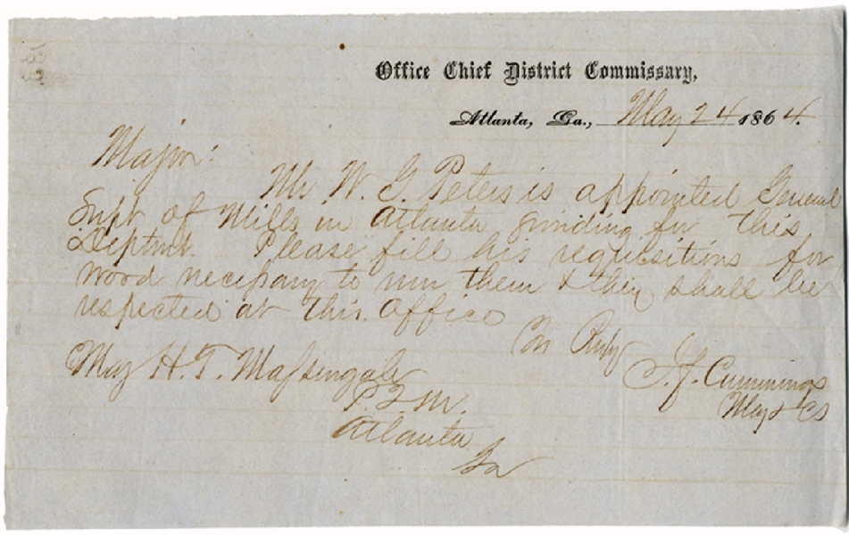Confederate Document Pertaining to the Atlanta Mills 