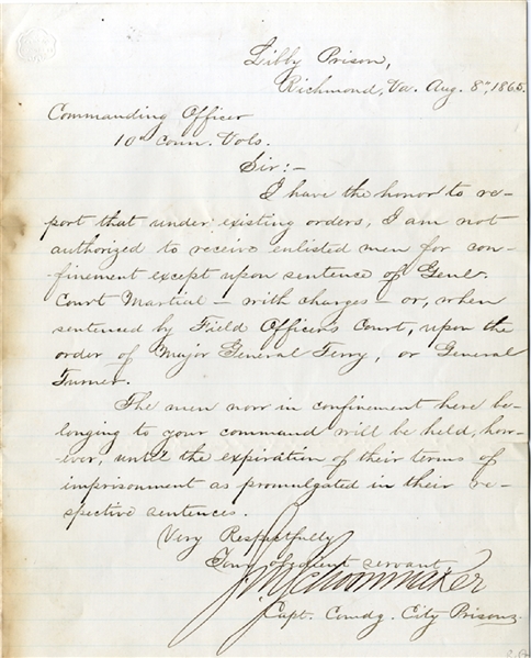 WIA and Commandant of Libby Prison Letter 