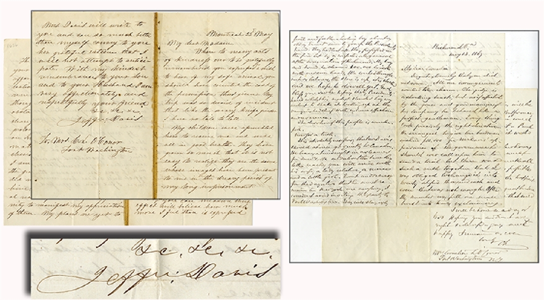 Jefferson Davis Writes from Montreal, Canada a Week after his Release from Prison to the Wife of his Attorney .... And, a Letter from his Attorney to his Wife on the Date of the Release with...