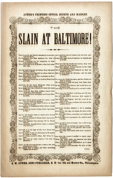Union Song Sheet, The Slain at Baltimore Written as a Result of the Baltimore Riot 