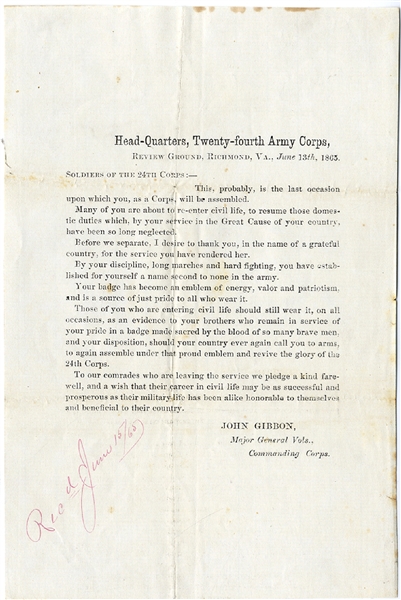 Major General John Gibbon's Field Printed Farewell Orders for the 24th Army Corps  