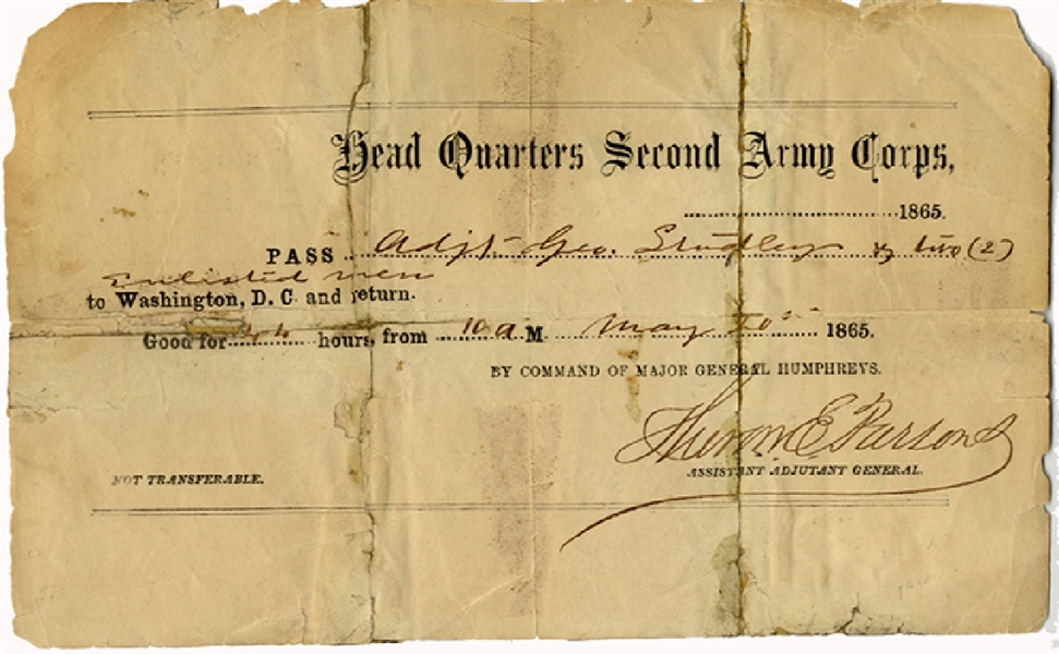 Rare 2nd Corps, Army of The Potomac, Washington D. C. Pass