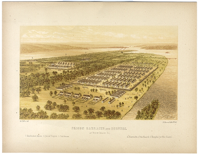 Civil War Era Lithograph of the Confederate POW Camp at Rock Island, Illinois 