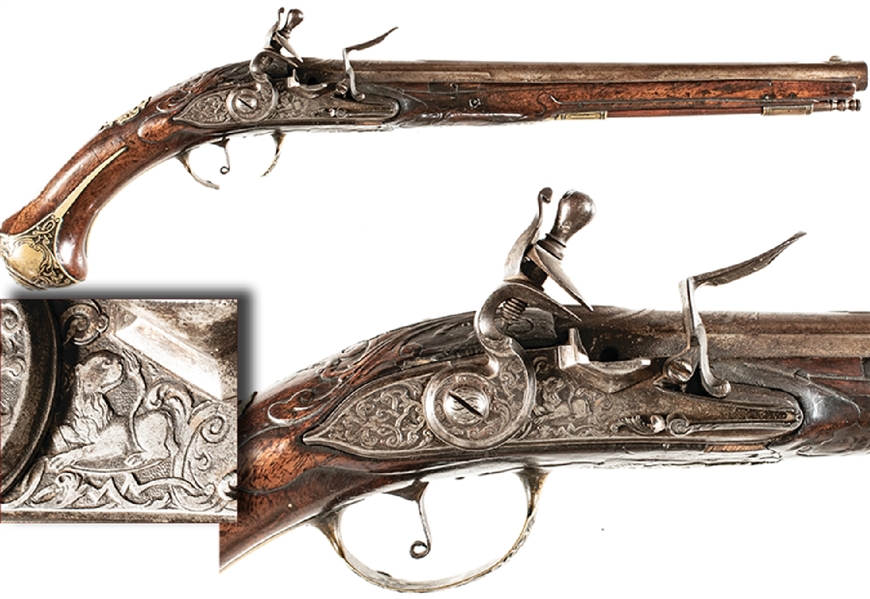 Flintlock Holster Pistol Decorated With Engraved Silver Rampant Lion