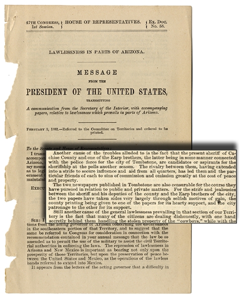 President Arthur Reacts to the Lawlessness in Arizona Perpetrated by the Earp Brothers