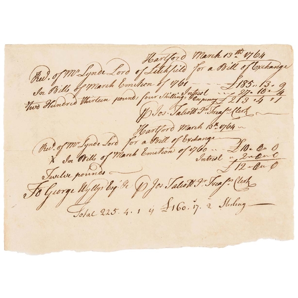 1764 Colonial Connecticut Treasury Receipt 