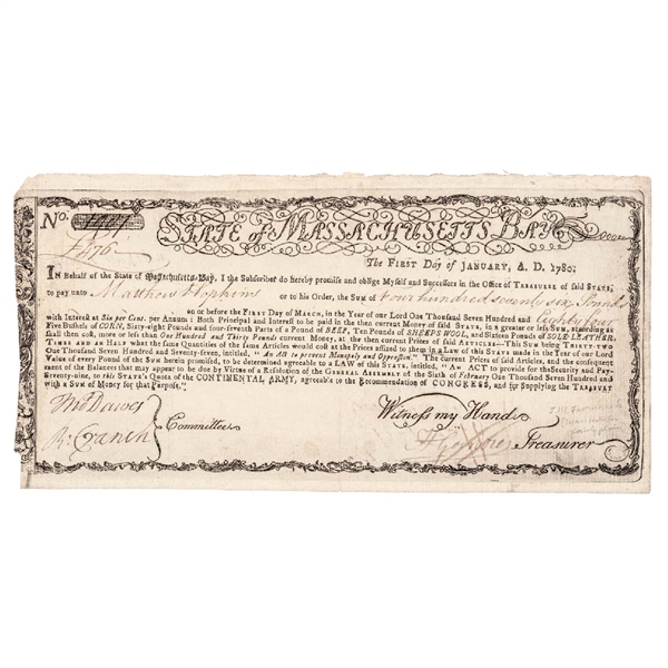 Massachusetts-Bay Treasury Certificate Anderson MA-21