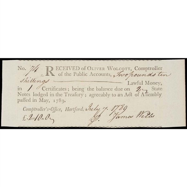 Oliver Wolcott Jr. Issued CT Document to a Lt. who Served at Camp Valley Forge