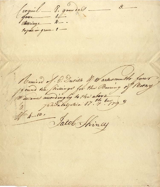 1793 Funeral Bill, Philadelphia, Pennsylvania