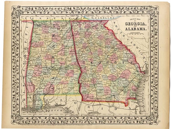 1867 Mitchell Map of Reconstruction Alabama & Georgia