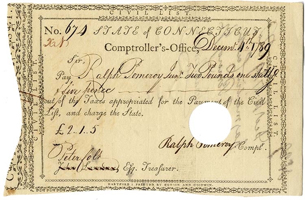 Revolutionary War Pay Voucher Signed by Peter Colt