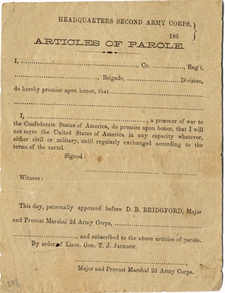 Articles of Parole by Order of  Lt. Gen. T.J. Jackson