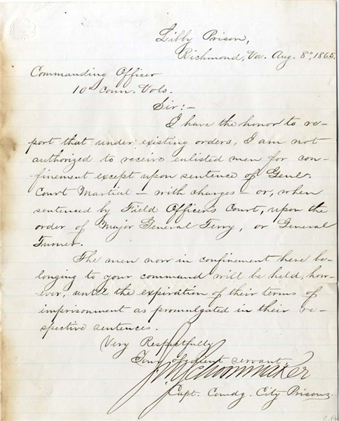 Libby Prison Letter by Commandant