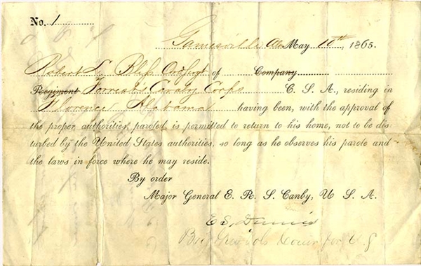 Forrest’s Cavalry Corps Parole Signed by Union Gen. Dennis