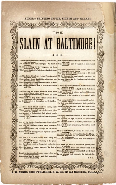 Song Sheet Dedicated To the Fallen Soldiers Who Passed Through Baltimore April 1861