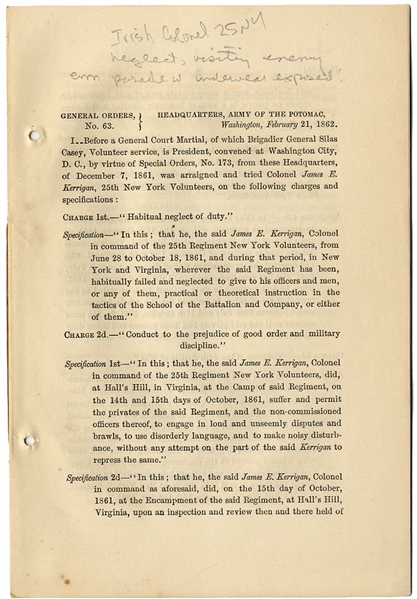New York Colonel James E. Kerrigan “Dismissed From The Service Of The United States