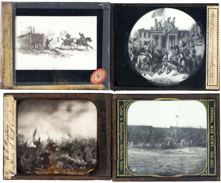 Group of FOUR Magic Slides of Various Locations.