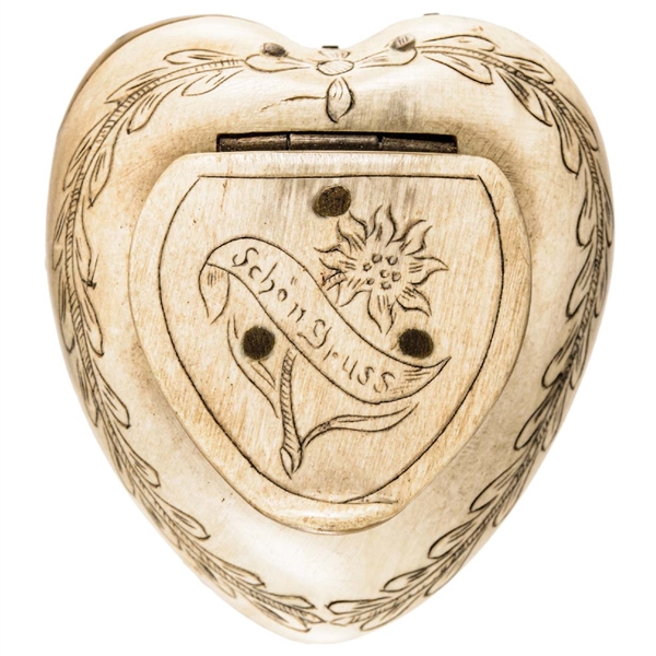 Heart-shaped, German Scrimshaw Bone Snuff 
