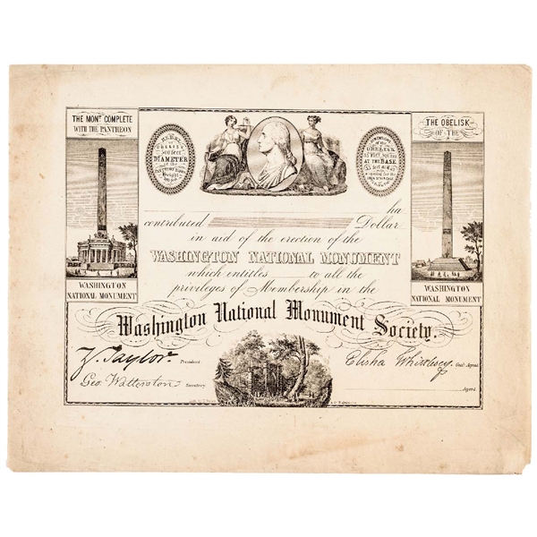Washington National Monument Society Decorative Steel-Plate Engraved Certificate
